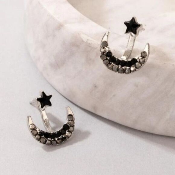 SILVER BLACK DIAMOND STAR STUD AND CRESCENT MOON STUD EARRING JACKET - Picture 3 of 8